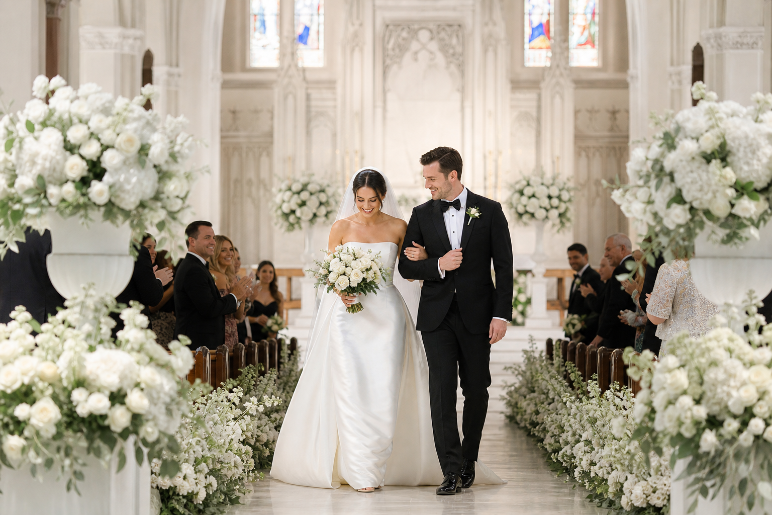 Bride and groom walking down a church aisle